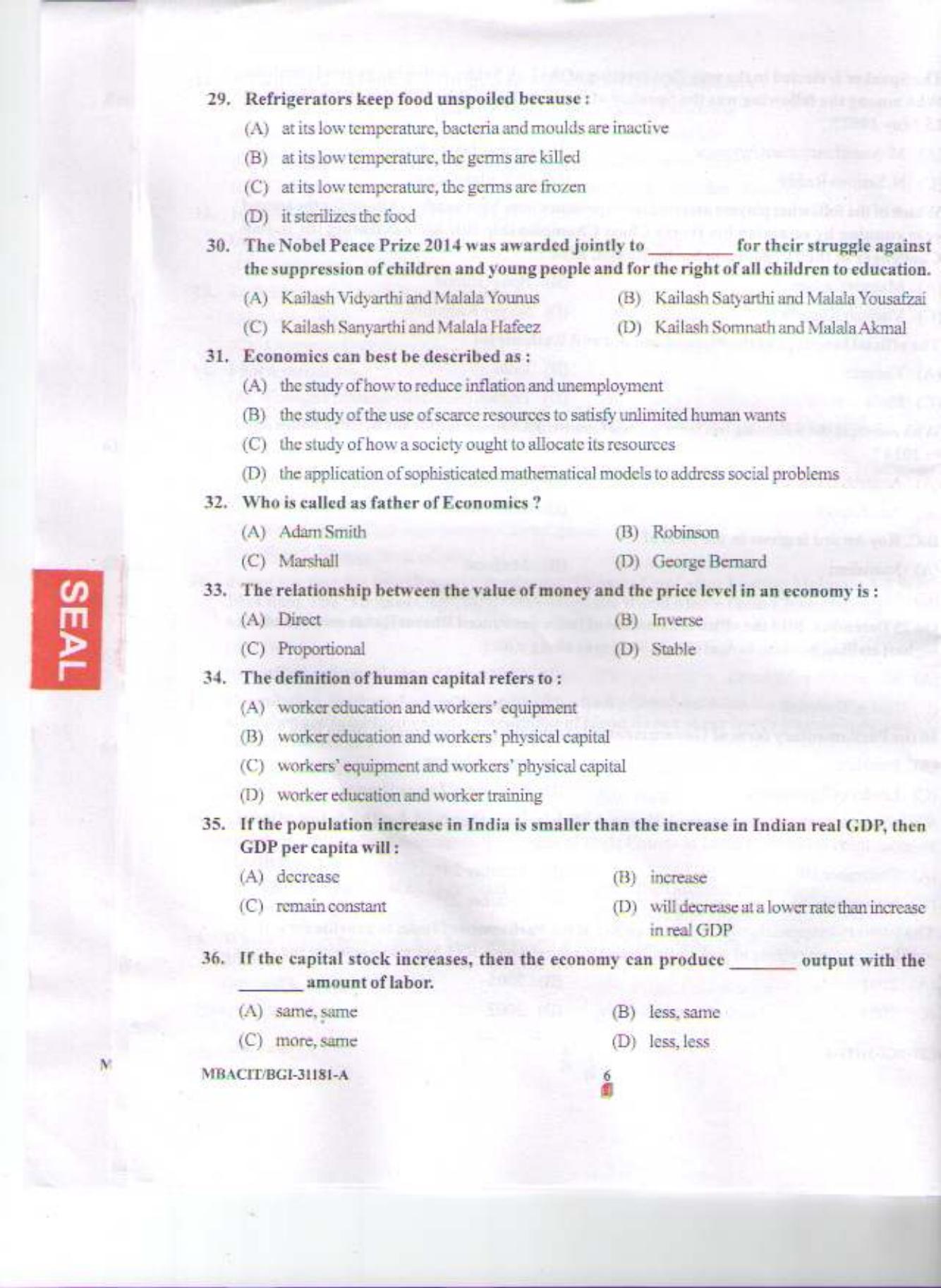 PU CET PG 2015: MBACIT Question Paper - Page 5