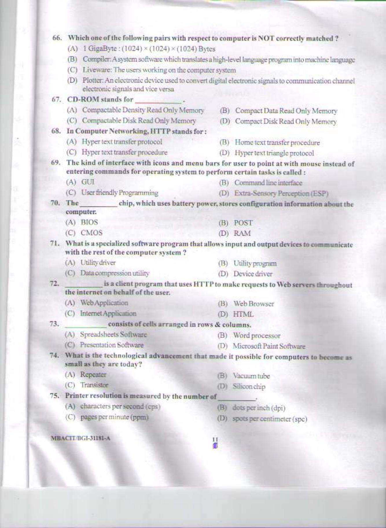 PU CET PG 2015: MBACIT Question Paper - Page 10
