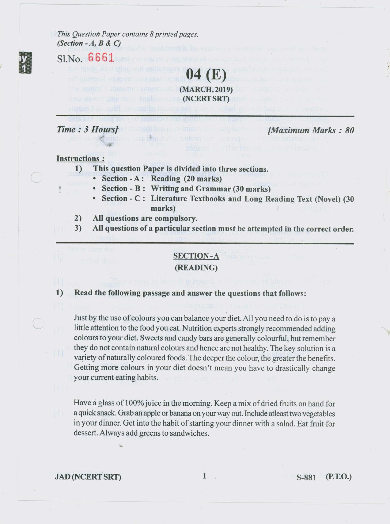 Gujarat Board Class 10th ENGLISH NCERT SRT 2019 Question Paper - Page 1