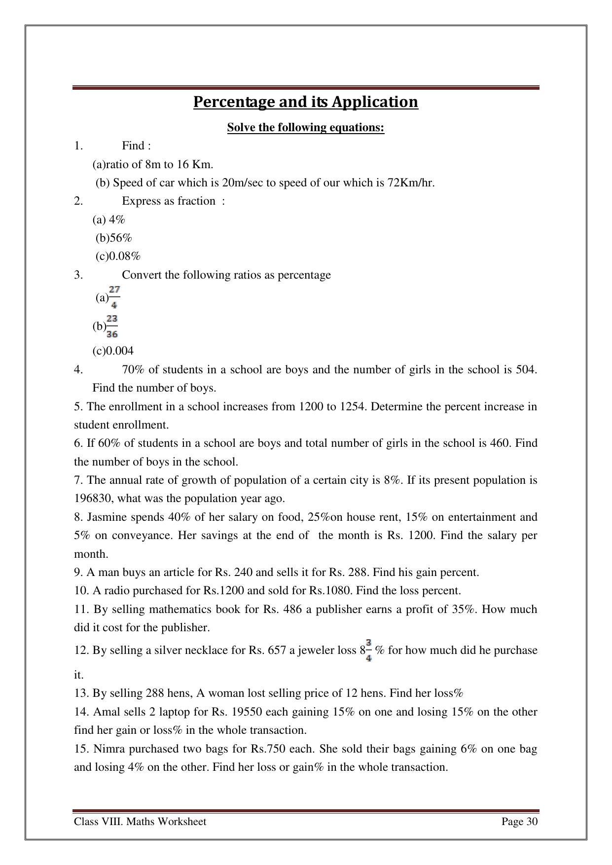 CBSE Worksheets for Class 8 Mathematics Percentage and its Application Assignment - Page 1