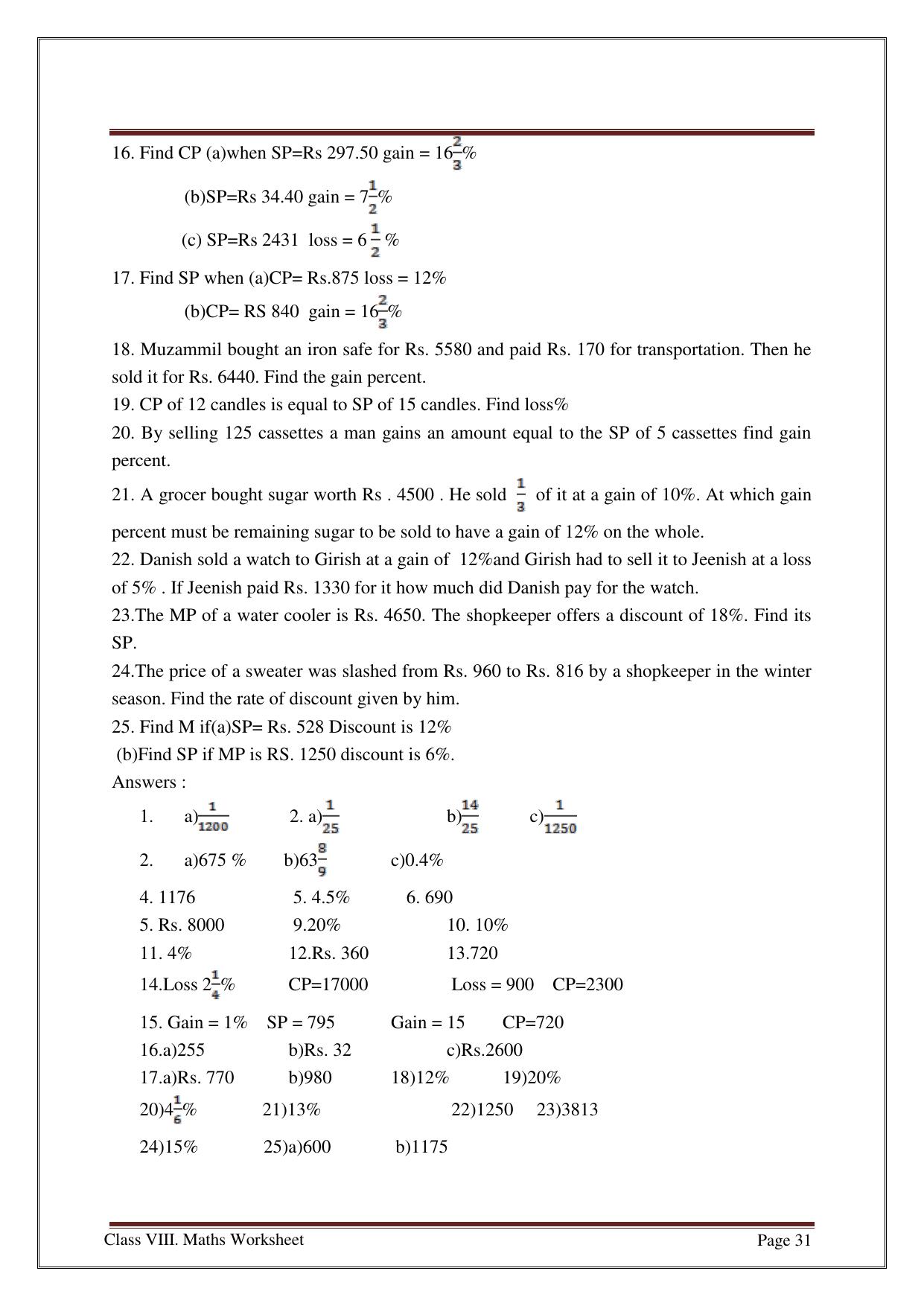 CBSE Worksheets for Class 8 Mathematics Percentage and its Application Assignment - Page 2