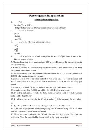 CBSE Worksheets for Class 8 Mathematics Percentage and its Application Assignment