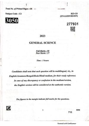 SEBA HSLC General Science Question Paper 2023