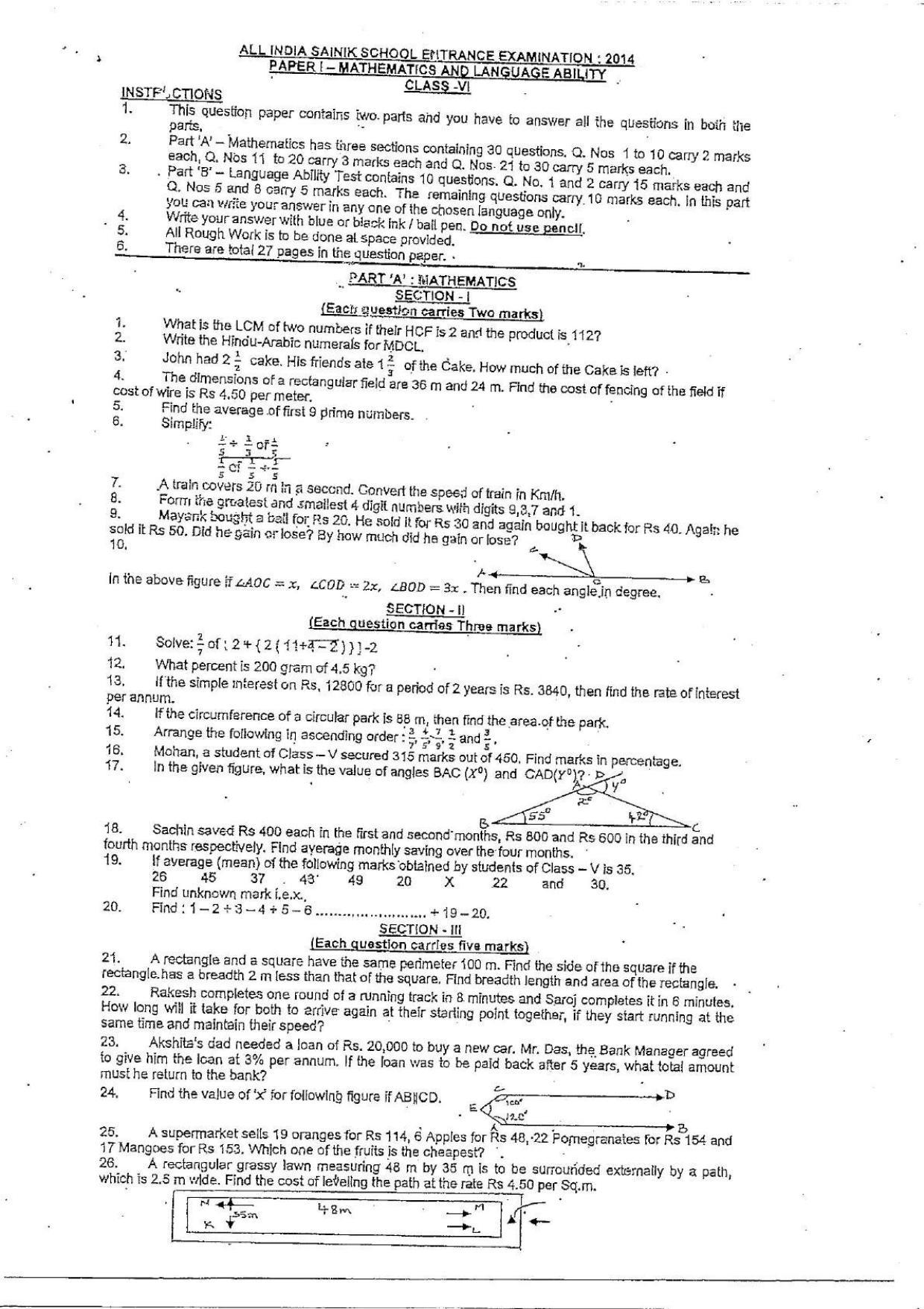 Sainik School Class 6 Question Paper 2014 - Page 1