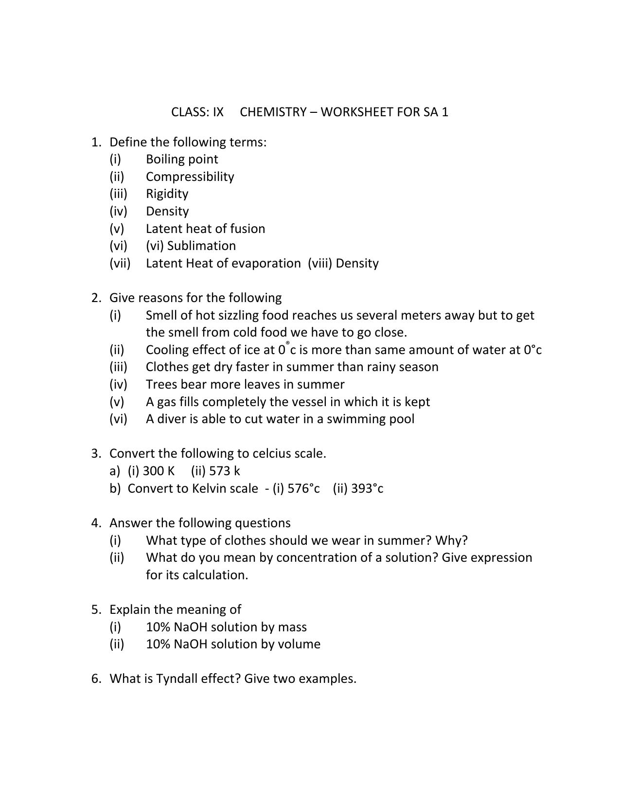 CBSE Worksheets for Class 9 Chemistry Assignment 4 - Page 1