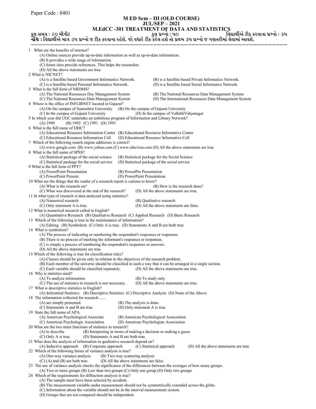 Hemchand North Gujarat University Sample Paper July-Sept 2021: M ED Sem – III  CC 301 Treatment Of Data And Statastics  (Old Course) - Page 1