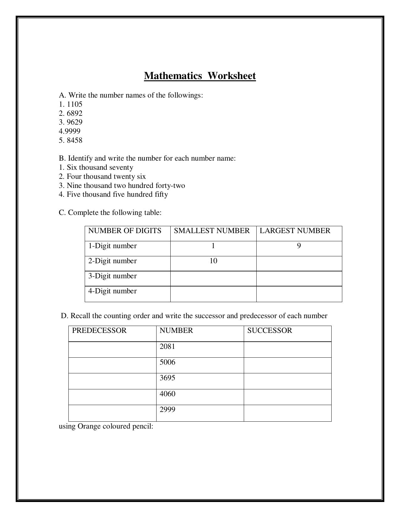 Worksheet for Class 3 Mathematics Assignment 96 - Page 1