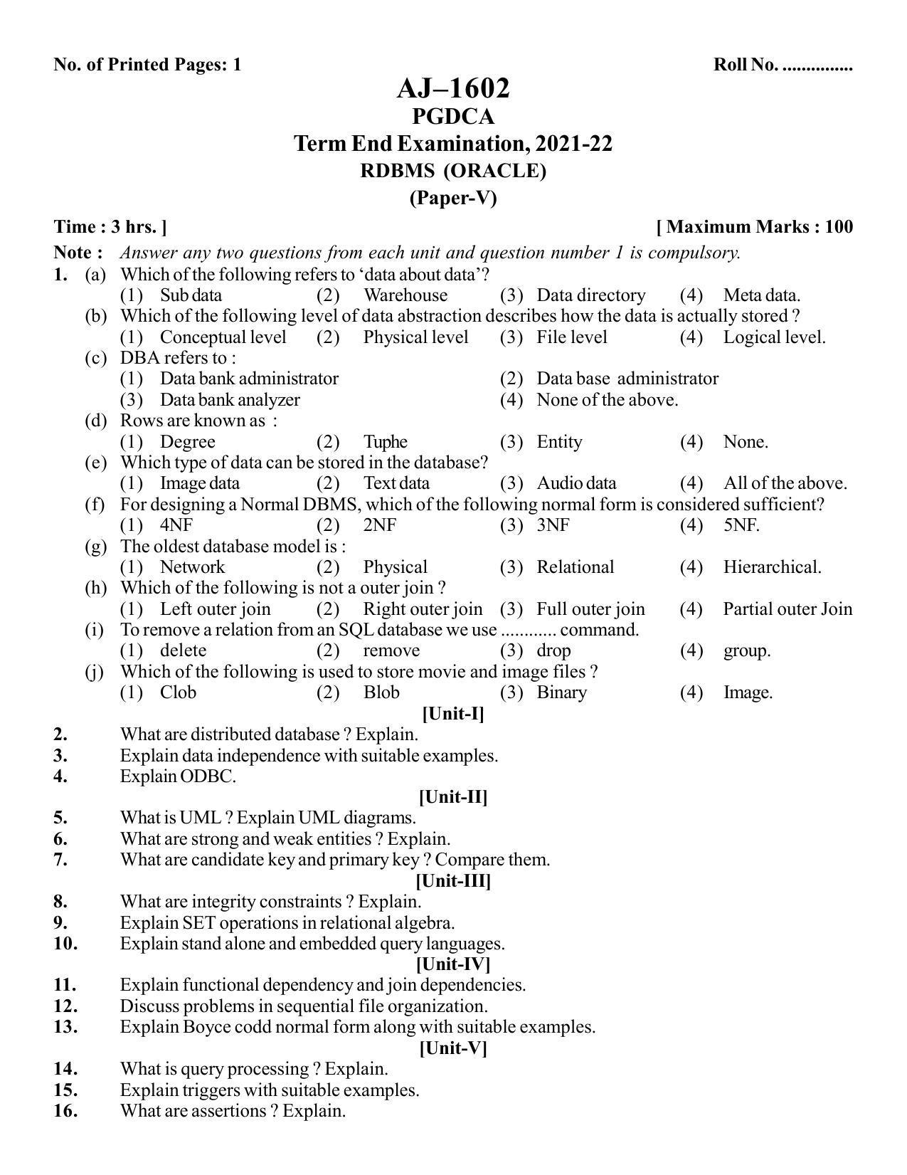 Bilaspur University Question Paper 2021-2022:P.G. Diploma In Computer Applications Relational Database Management System (Oracle) Paper 1 - Page 1