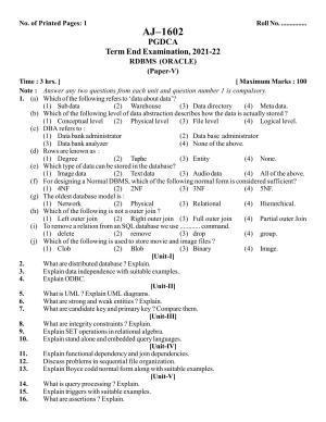 Bilaspur University Question Paper 2021-2022:P.G. Diploma In Computer Applications Relational Database Management System (Oracle) Paper 1