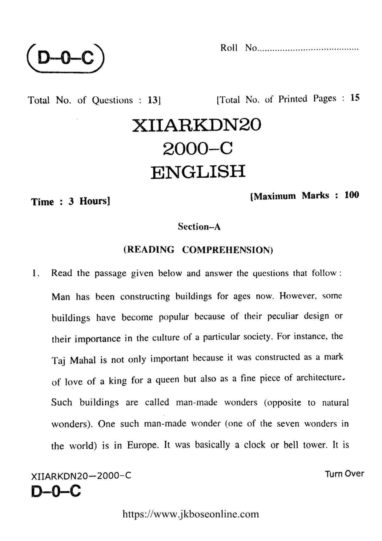 JKBOSE Class 12 English 2000-C Question Papers 2020 - Page 1