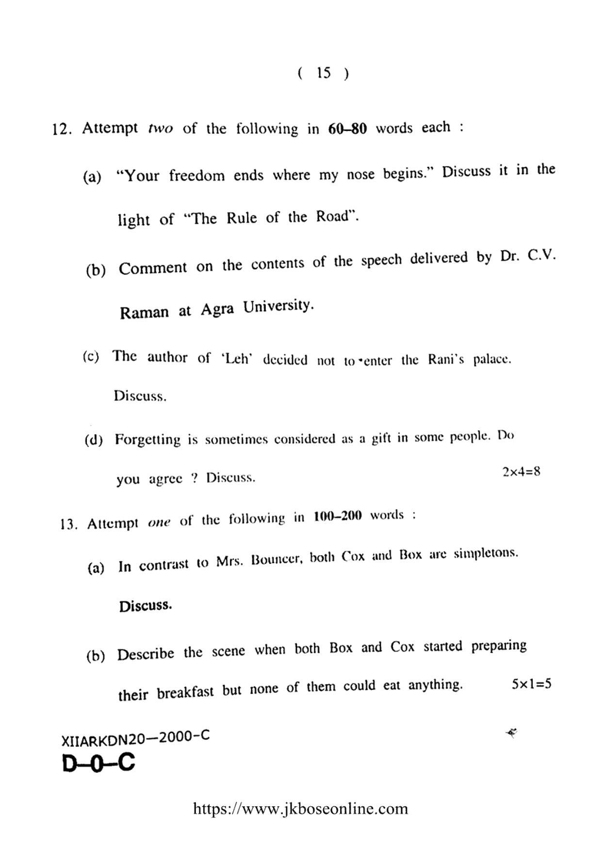 JKBOSE Class 12 English 2000-C Question Papers 2020 - Page 15
