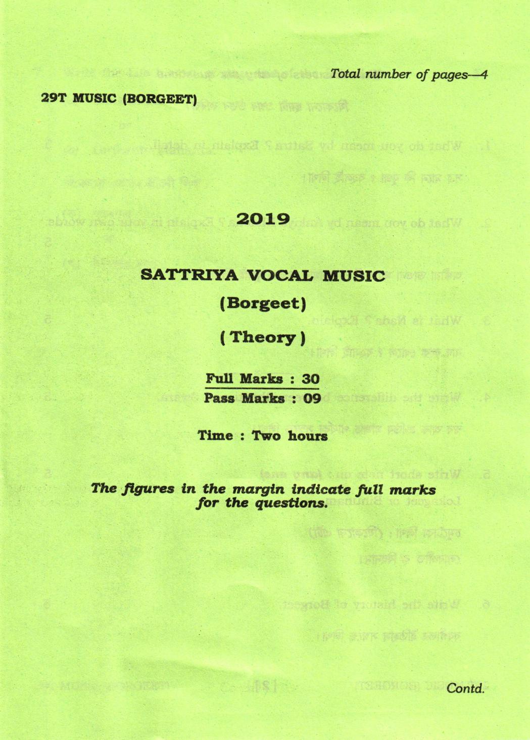 AHSEC Class 12 Sattriya Vocal Music (Borgeet) 2019 Question Papers - Page 1