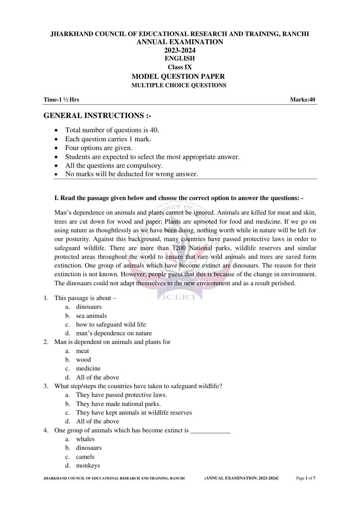 JAC Board Class 9th Model Papers - Page 1