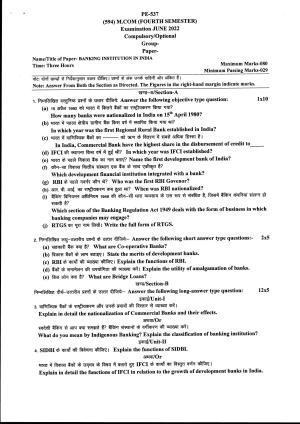 Bilaspur University Question Paper June 2022:M.COM (Fourth Semester) Banking Institution In India Paper 1