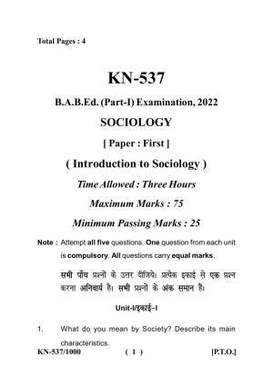 Sarguja University Question Paper - 2022 :  B.A. Bed 04 Year Integrated Course (First Year) Sociology Paper I