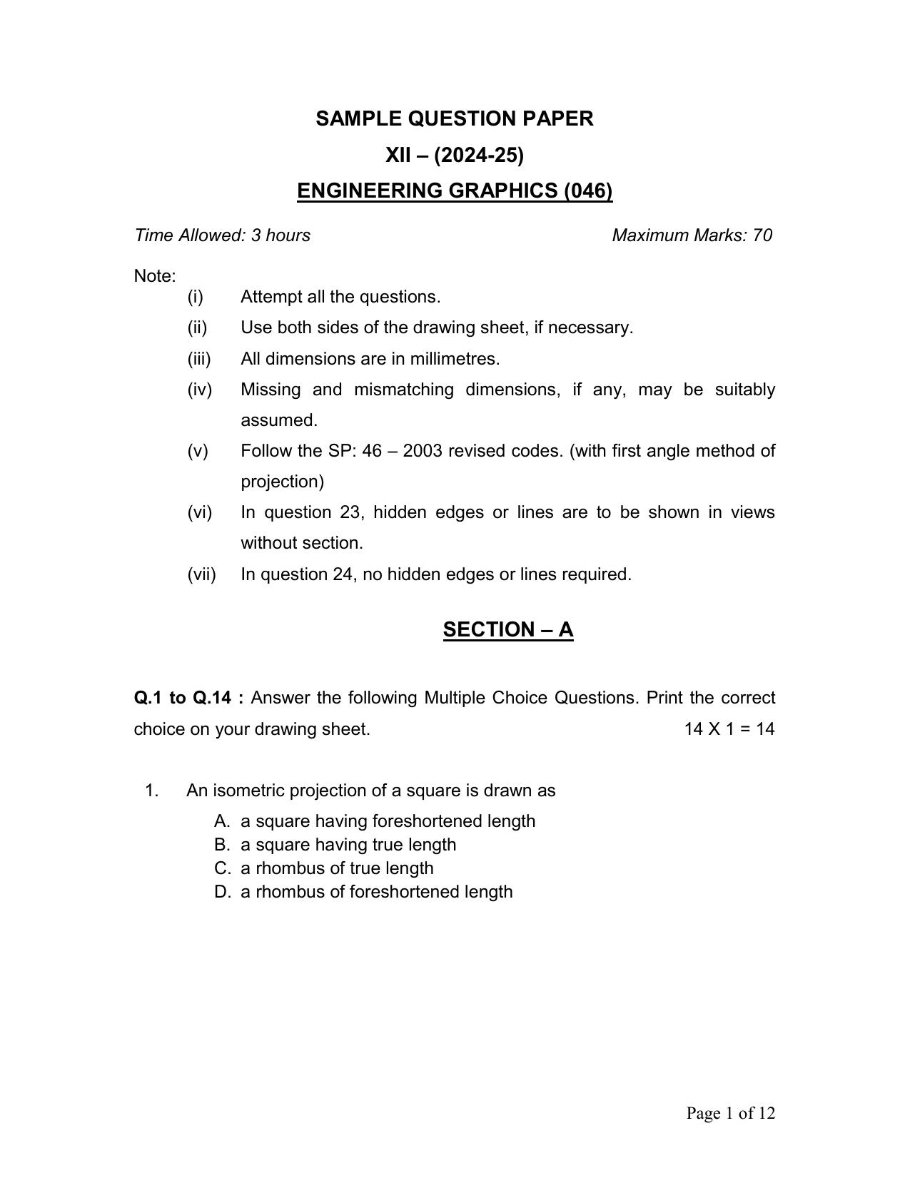 CBSE Class 12 Engg. Graphic Sample Question Paper 2024-25 - Page 1