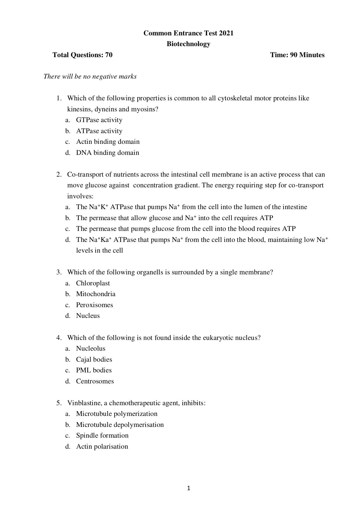 Odisha CPET BIOTECHNOLOGY SET II 2021 Question Paper - Page 1