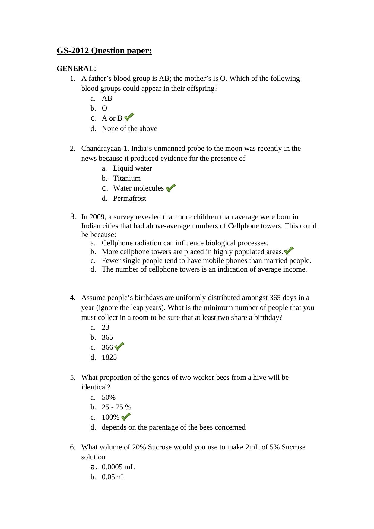 TIFR GS 2012 Biology Question Paper - Page 1