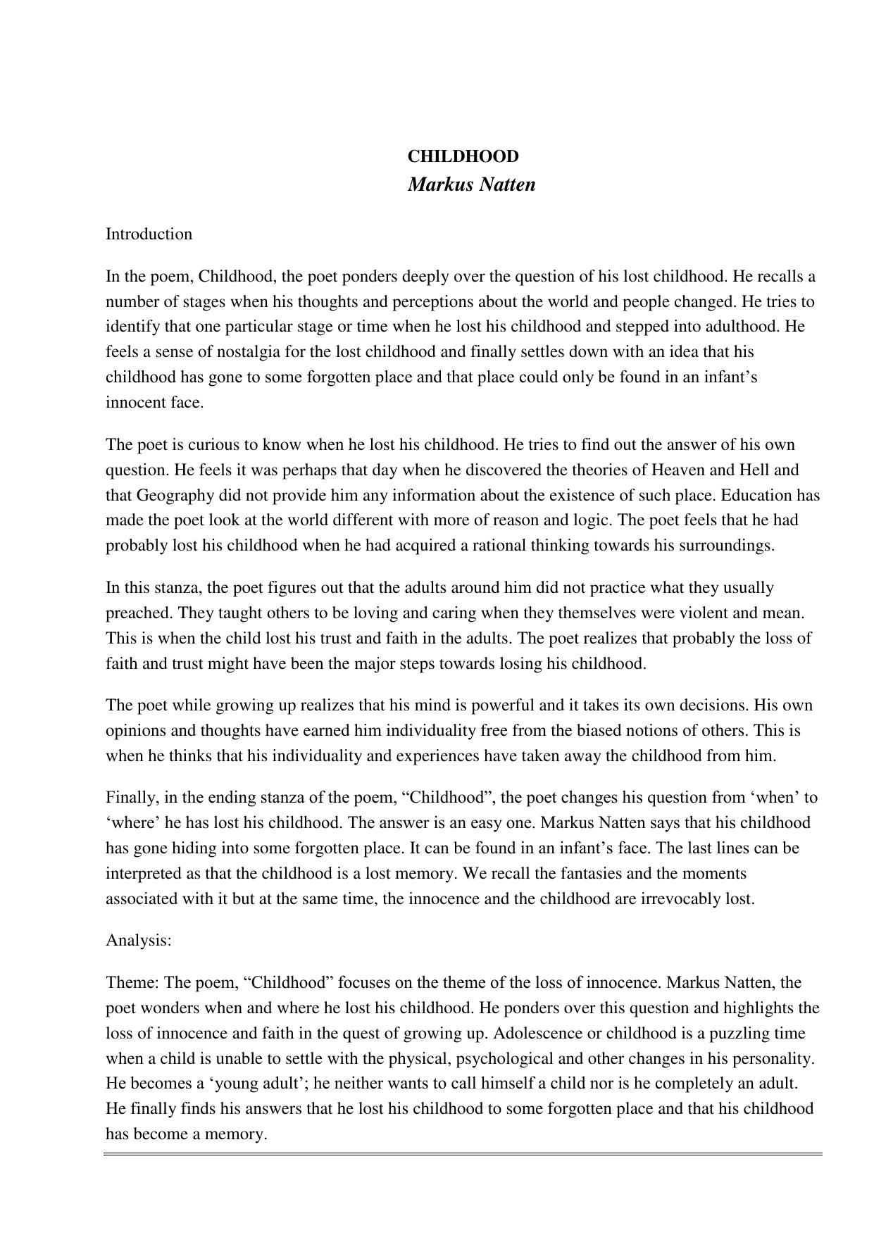 CBSE Worksheets for Class 11 English Childhood Markus Natten Assignment - Page 1