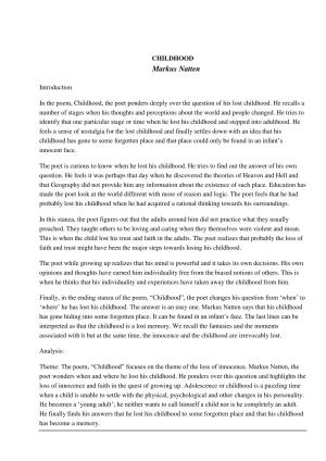 CBSE Worksheets for Class 11 English Childhood Markus Natten Assignment