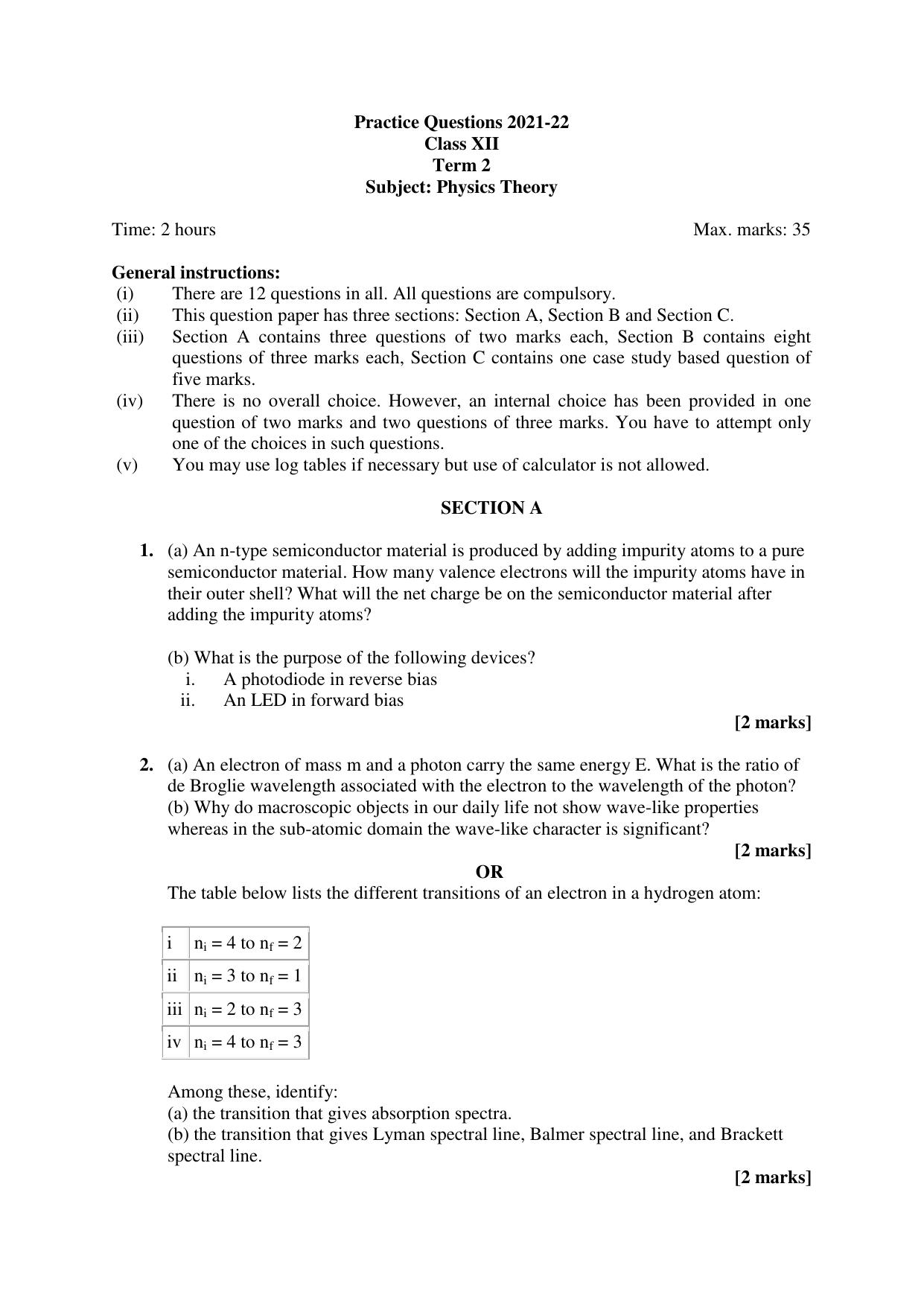 CBSE Class 12 Physics Term 2 Practice Questions 2021-22 - Page 1