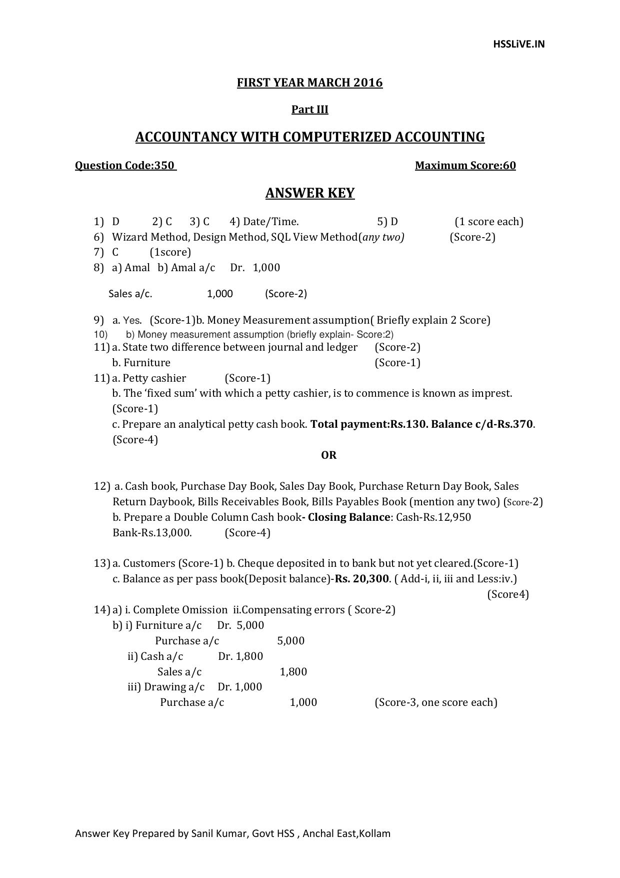 Kerala Plus One 2016 Accountancy with CA Answer Key - Page 1