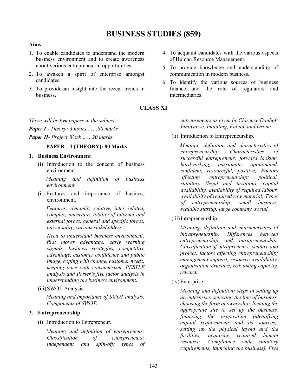 ISC Class XI & XII Business Studies Syllabus - Page 1
