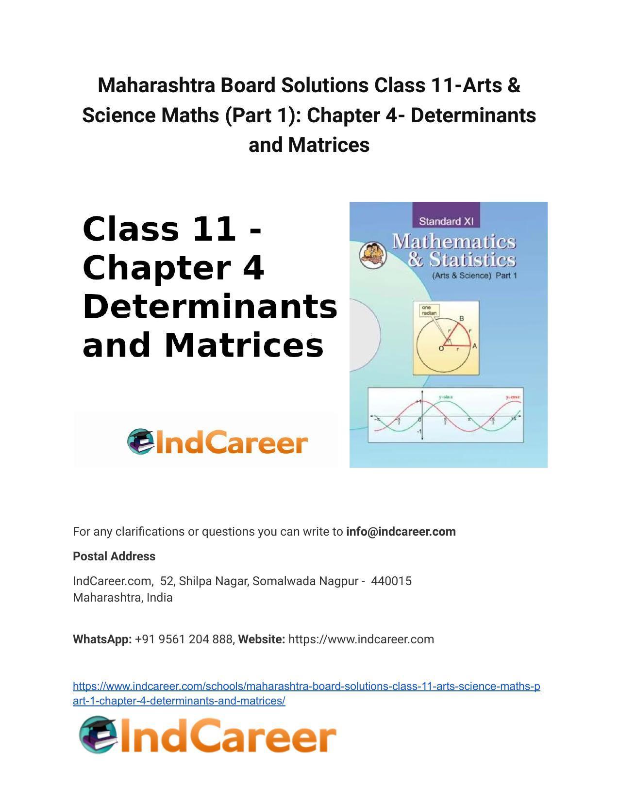 Maharashtra Board Solutions Class 11-Arts & Science Maths (Part 1): Chapter 4- Determinants and Matrices - Page 1