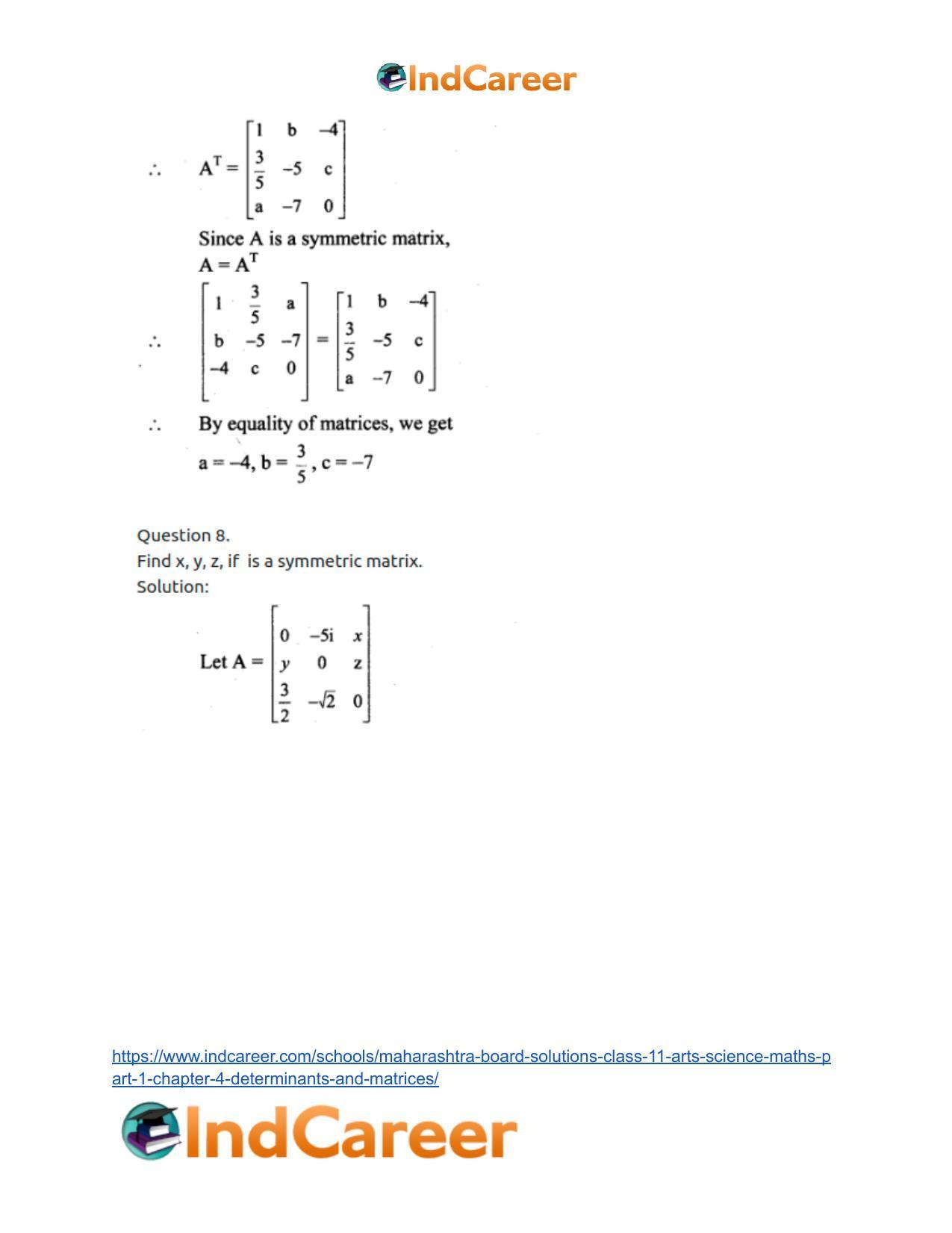 Maharashtra Board Solutions Class 11-Arts & Science Maths (Part 1): Chapter 4- Determinants and Matrices - Page 50