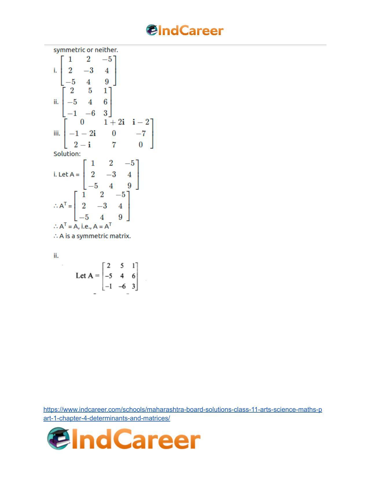 Maharashtra Board Solutions Class 11-Arts & Science Maths (Part 1): Chapter 4- Determinants and Matrices - Page 52