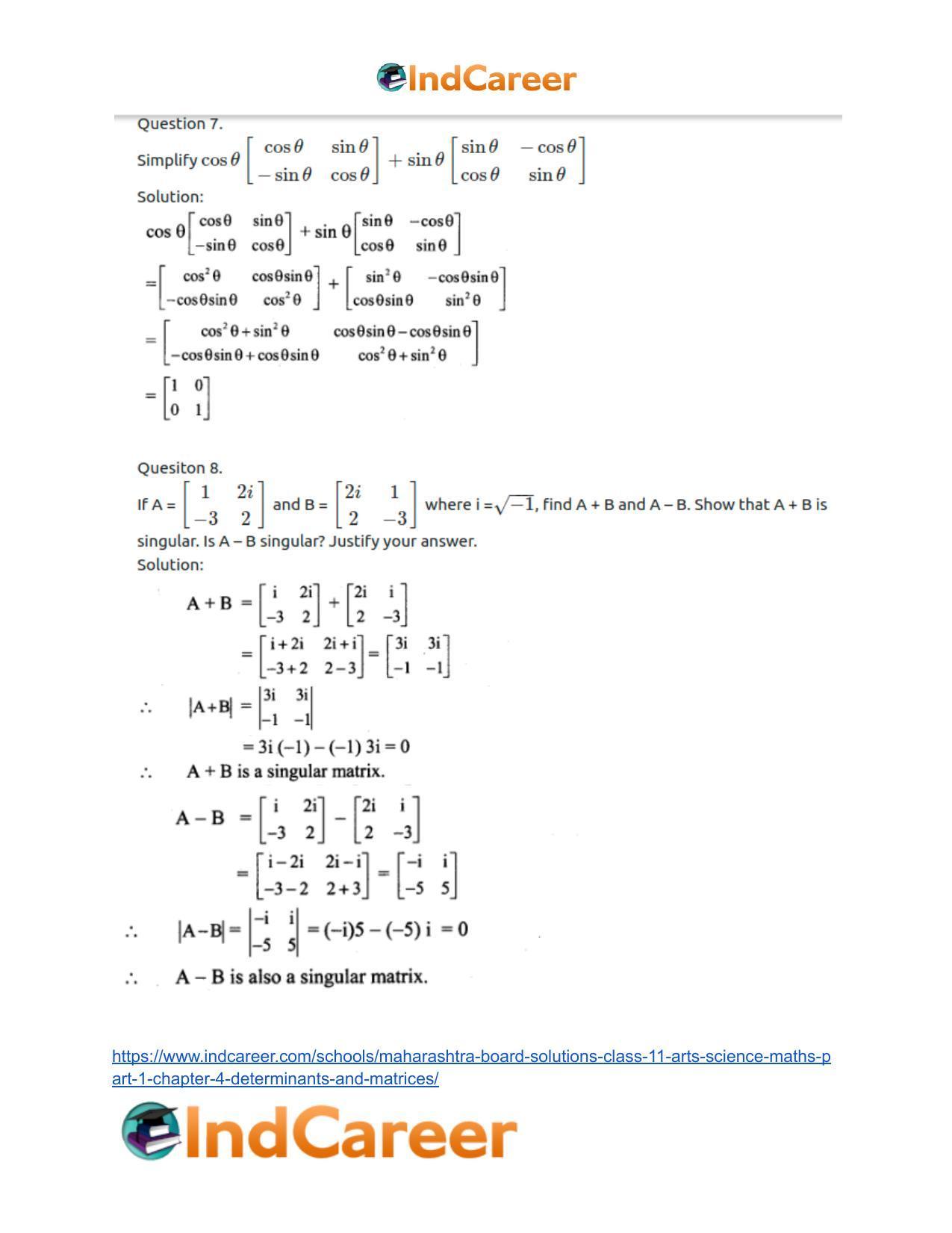 Maharashtra Board Solutions Class 11-Arts & Science Maths (Part 1): Chapter 4- Determinants and Matrices - Page 63