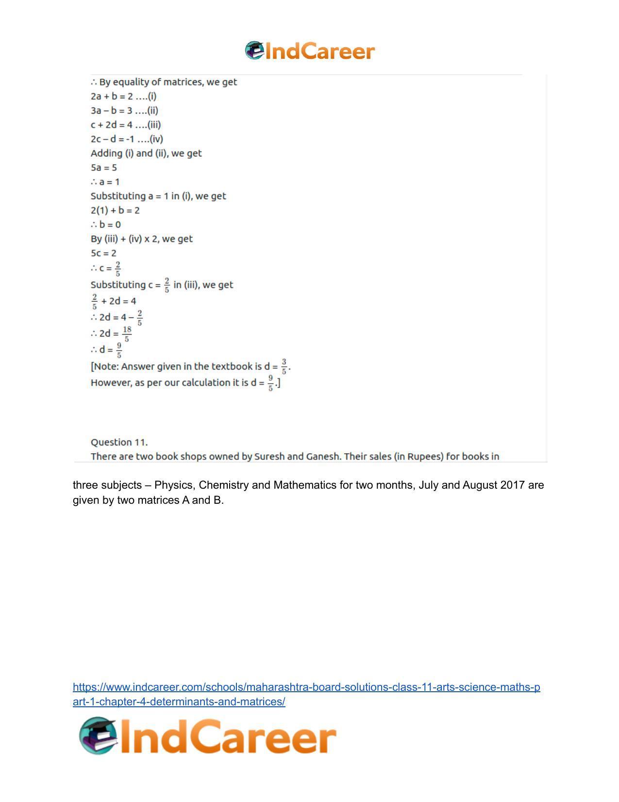 Maharashtra Board Solutions Class 11-Arts & Science Maths (Part 1): Chapter 4- Determinants and Matrices - Page 65