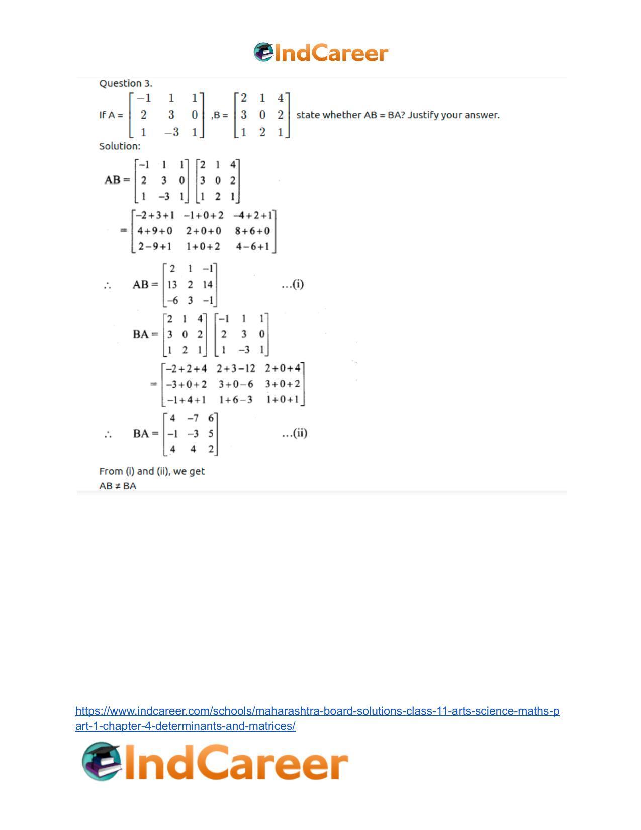 Maharashtra Board Solutions Class 11-Arts & Science Maths (Part 1): Chapter 4- Determinants and Matrices - Page 70
