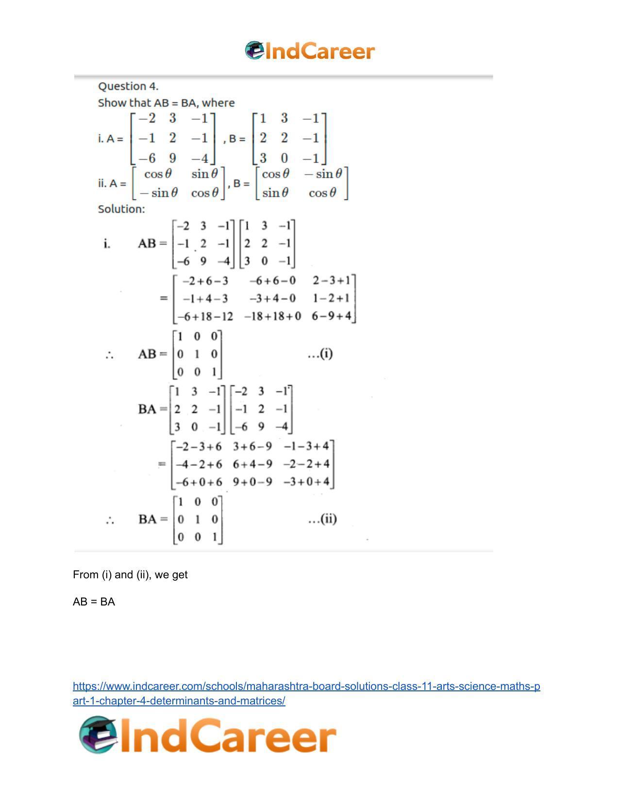 Maharashtra Board Solutions Class 11-Arts & Science Maths (Part 1): Chapter 4- Determinants and Matrices - Page 71