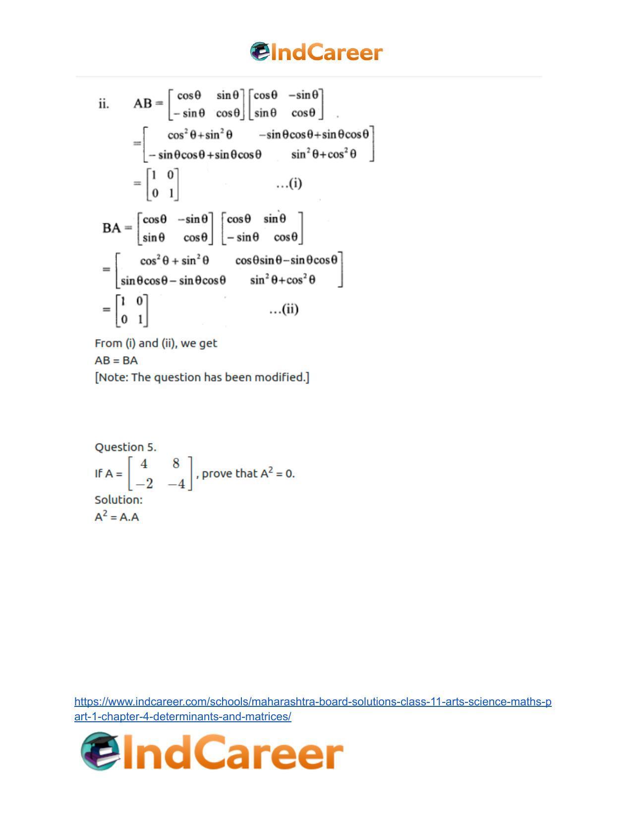 Maharashtra Board Solutions Class 11-Arts & Science Maths (Part 1): Chapter 4- Determinants and Matrices - Page 72
