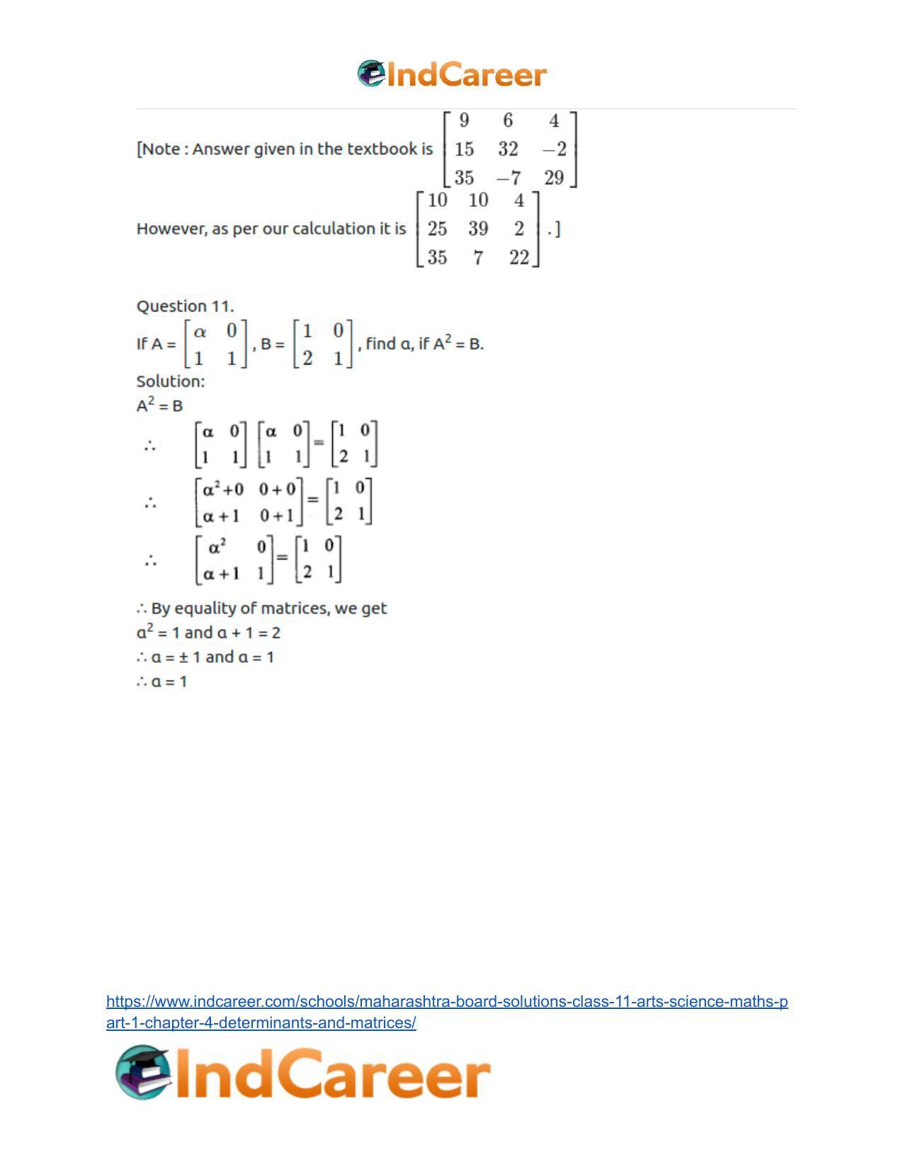 Maharashtra Board Solutions Class 11-Arts & Science Maths (Part 1): Chapter 4- Determinants and Matrices - Page 82