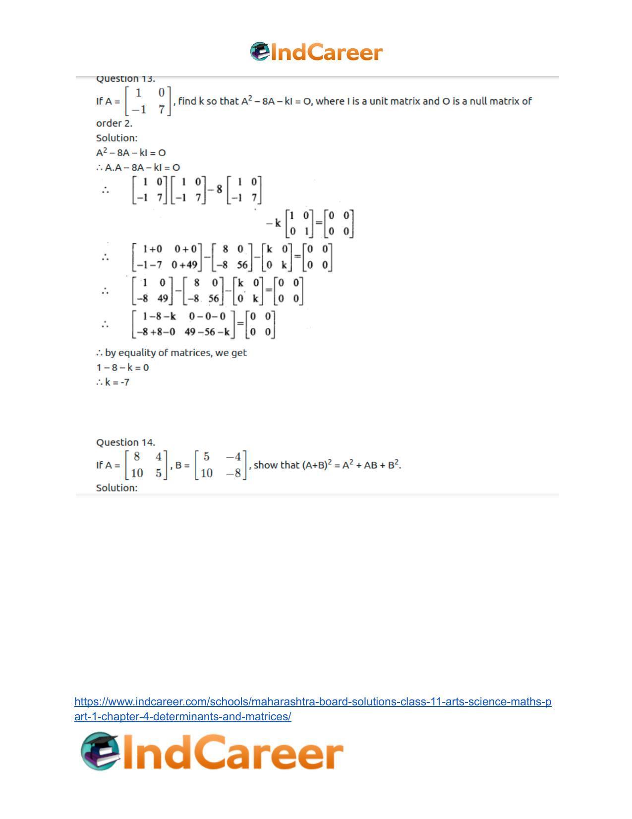 Maharashtra Board Solutions Class 11-Arts & Science Maths (Part 1): Chapter 4- Determinants and Matrices - Page 84