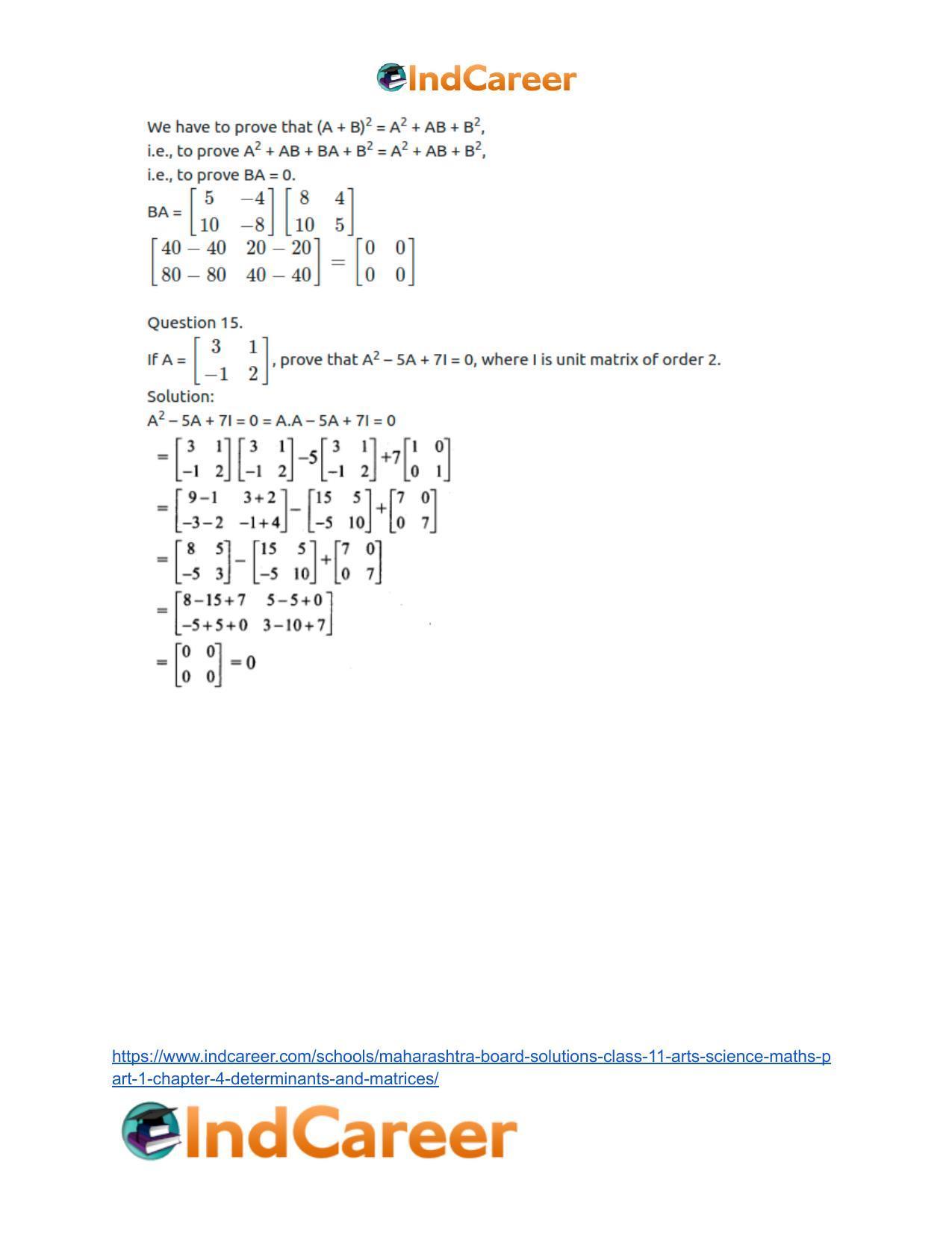 Maharashtra Board Solutions Class 11-Arts & Science Maths (Part 1): Chapter 4- Determinants and Matrices - Page 85