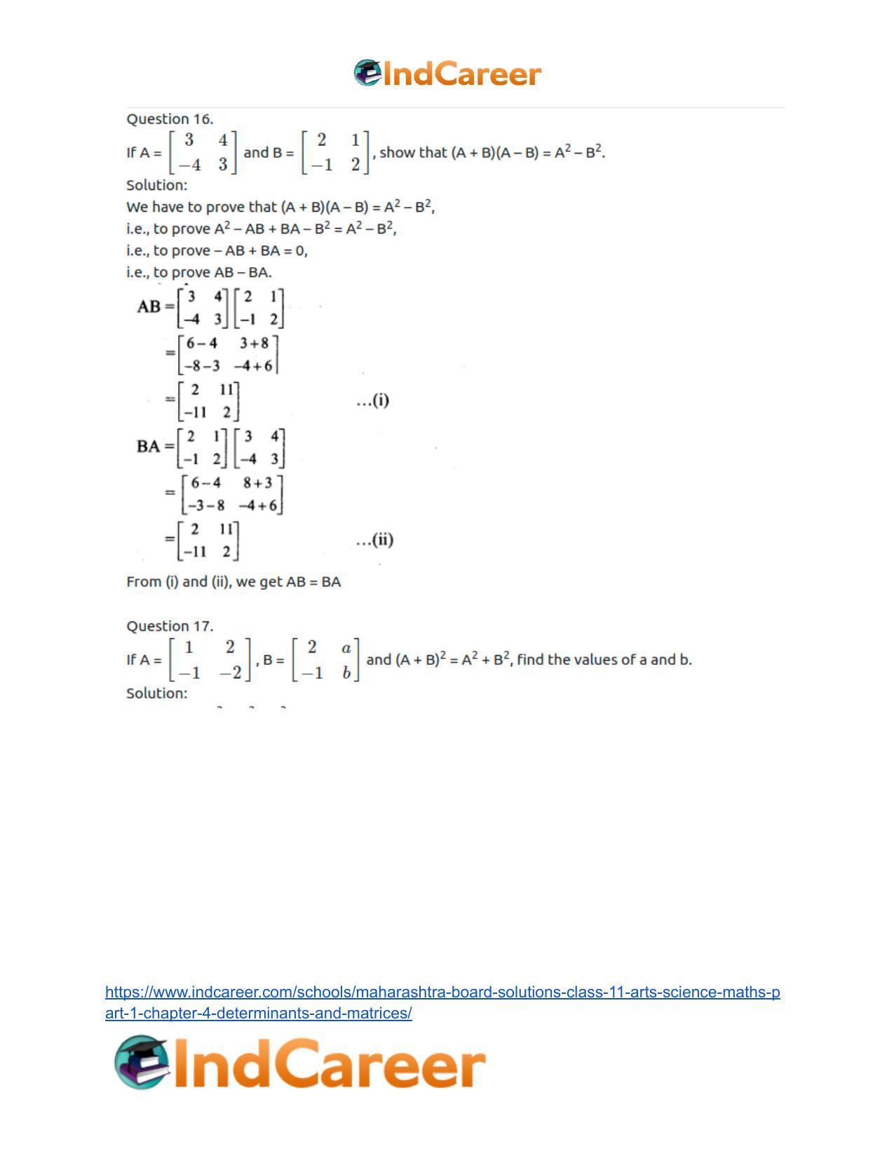 Maharashtra Board Solutions Class 11-Arts & Science Maths (Part 1): Chapter 4- Determinants and Matrices - Page 86