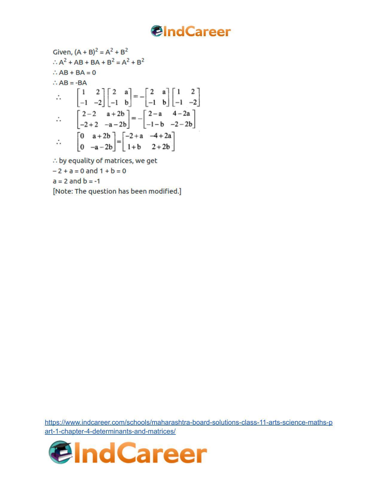 Maharashtra Board Solutions Class 11-Arts & Science Maths (Part 1): Chapter 4- Determinants and Matrices - Page 87