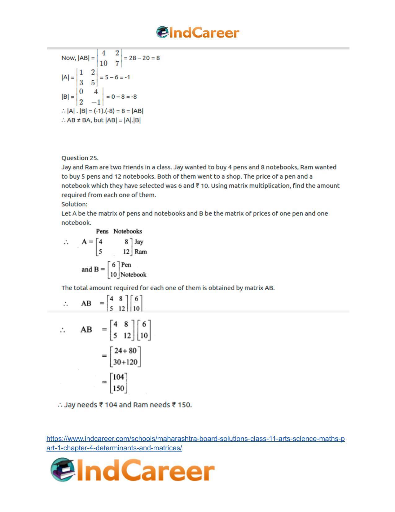 Maharashtra Board Solutions Class 11-Arts & Science Maths (Part 1): Chapter 4- Determinants and Matrices - Page 94