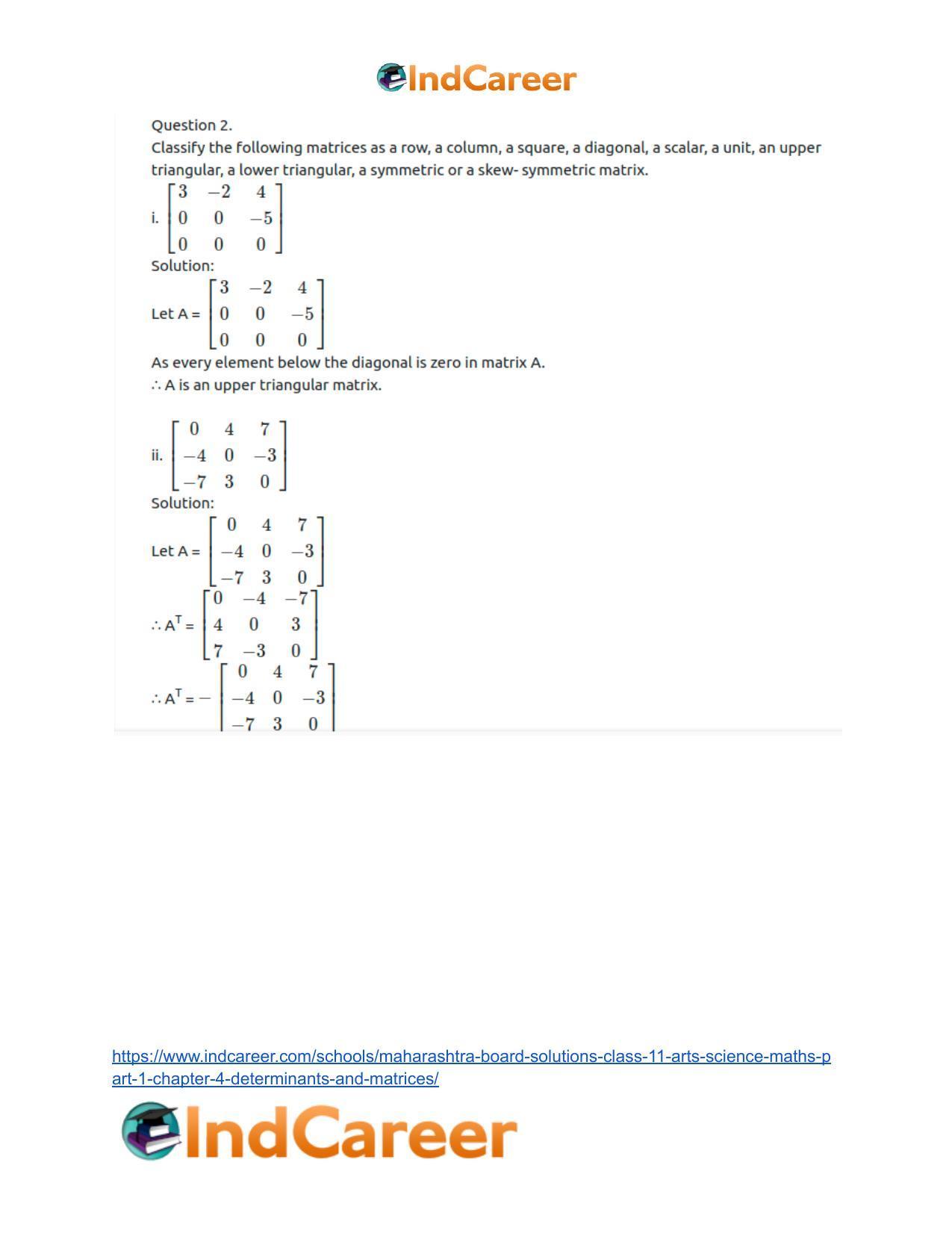 Maharashtra Board Solutions Class 11-Arts & Science Maths (Part 1): Chapter 4- Determinants and Matrices - Page 98