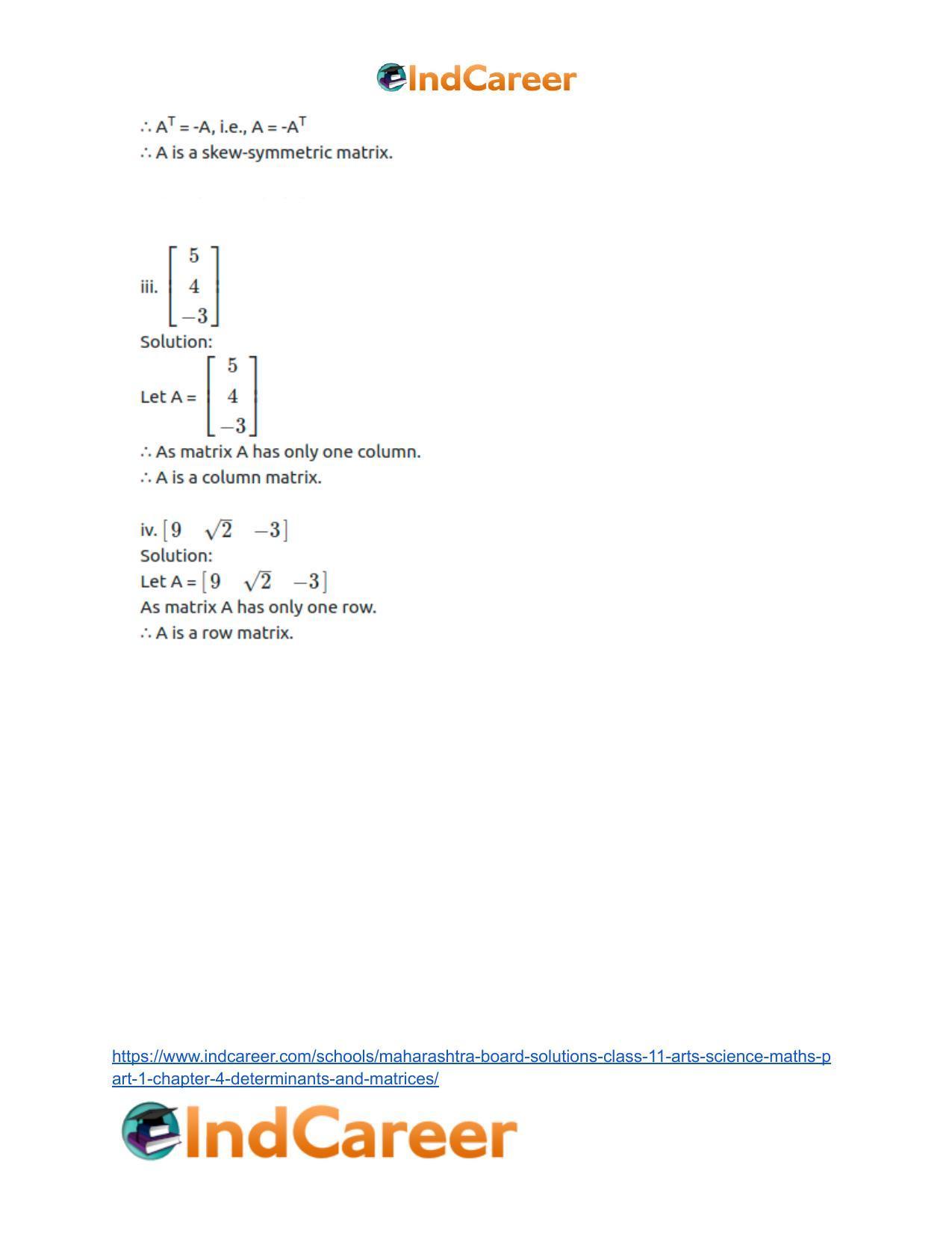 Maharashtra Board Solutions Class 11-Arts & Science Maths (Part 1): Chapter 4- Determinants and Matrices - Page 99