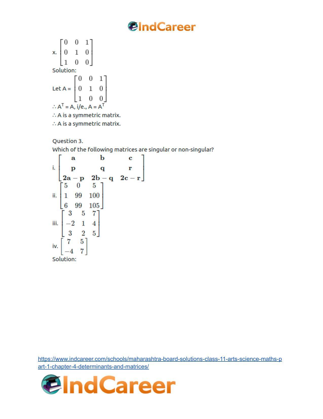 Maharashtra Board Solutions Class 11-Arts & Science Maths (Part 1): Chapter 4- Determinants and Matrices - Page 102