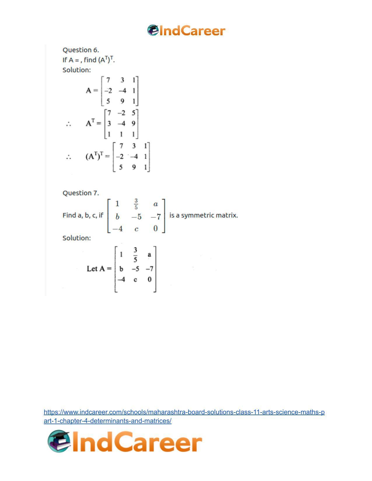 Maharashtra Board Solutions Class 11-Arts & Science Maths (Part 1): Chapter 4- Determinants and Matrices - Page 108