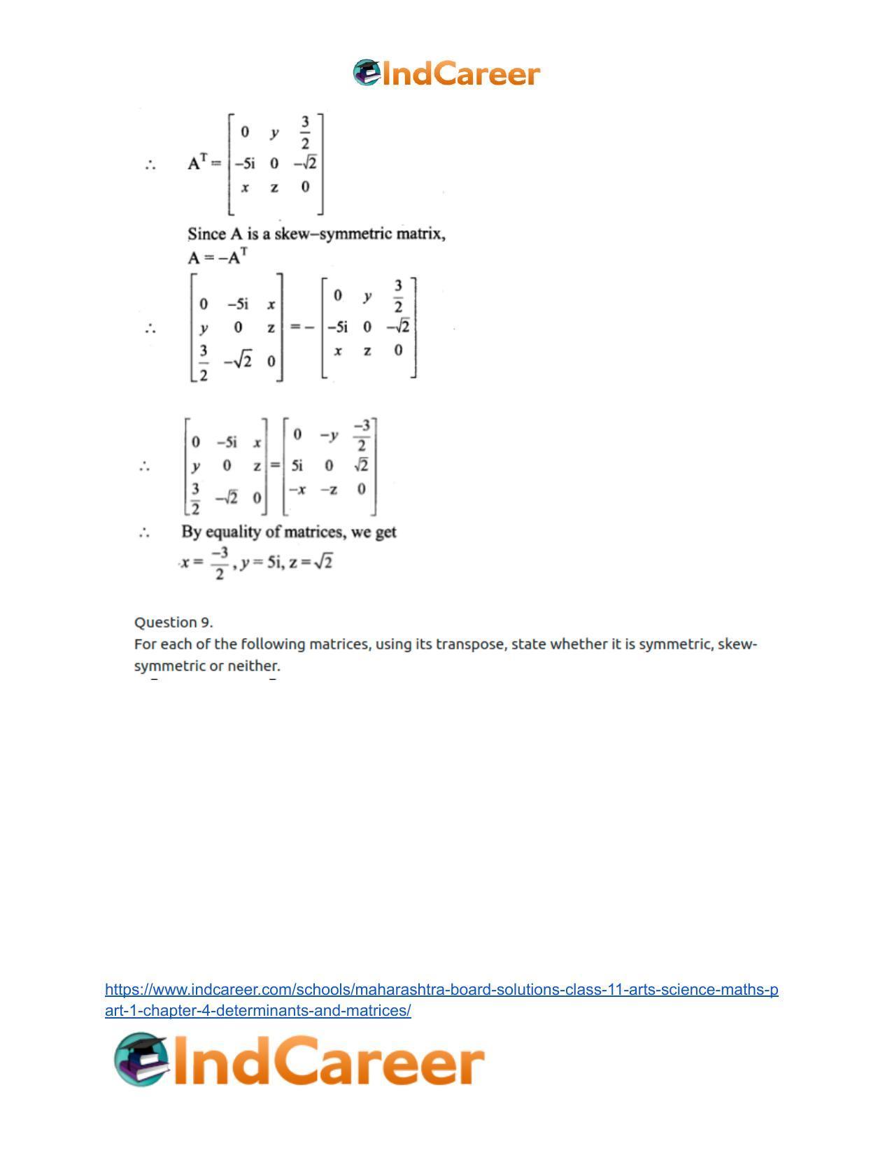 Maharashtra Board Solutions Class 11-Arts & Science Maths (Part 1): Chapter 4- Determinants and Matrices - Page 110