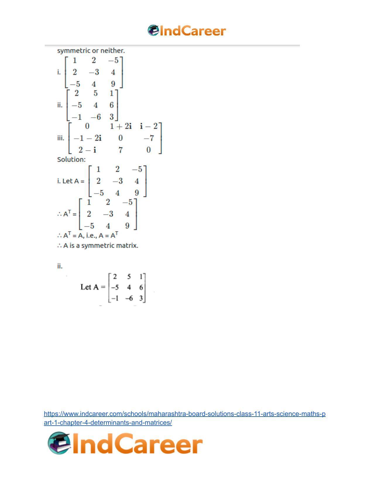 Maharashtra Board Solutions Class 11-Arts & Science Maths (Part 1): Chapter 4- Determinants and Matrices - Page 111
