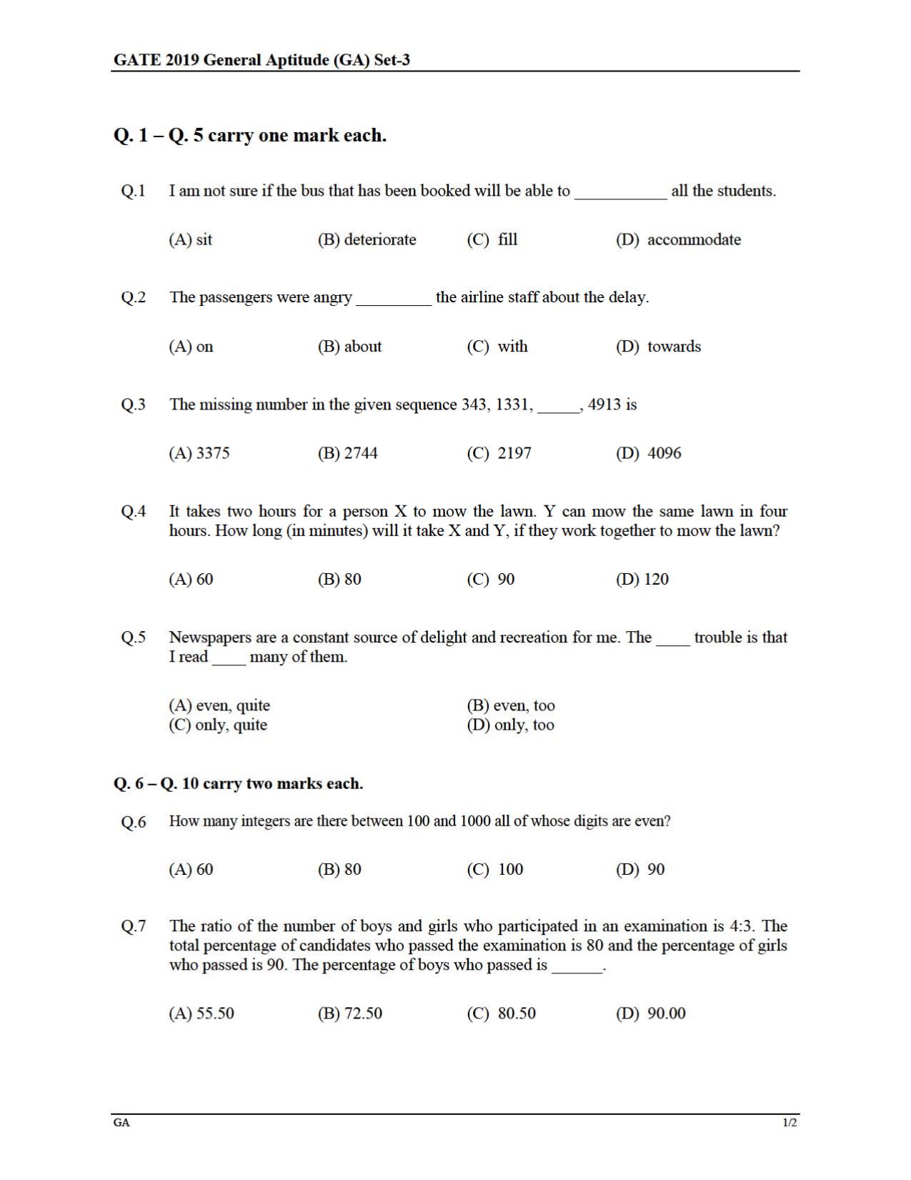 GATE 2019 Electrical Engineering (EE) Question Paper - Page 1