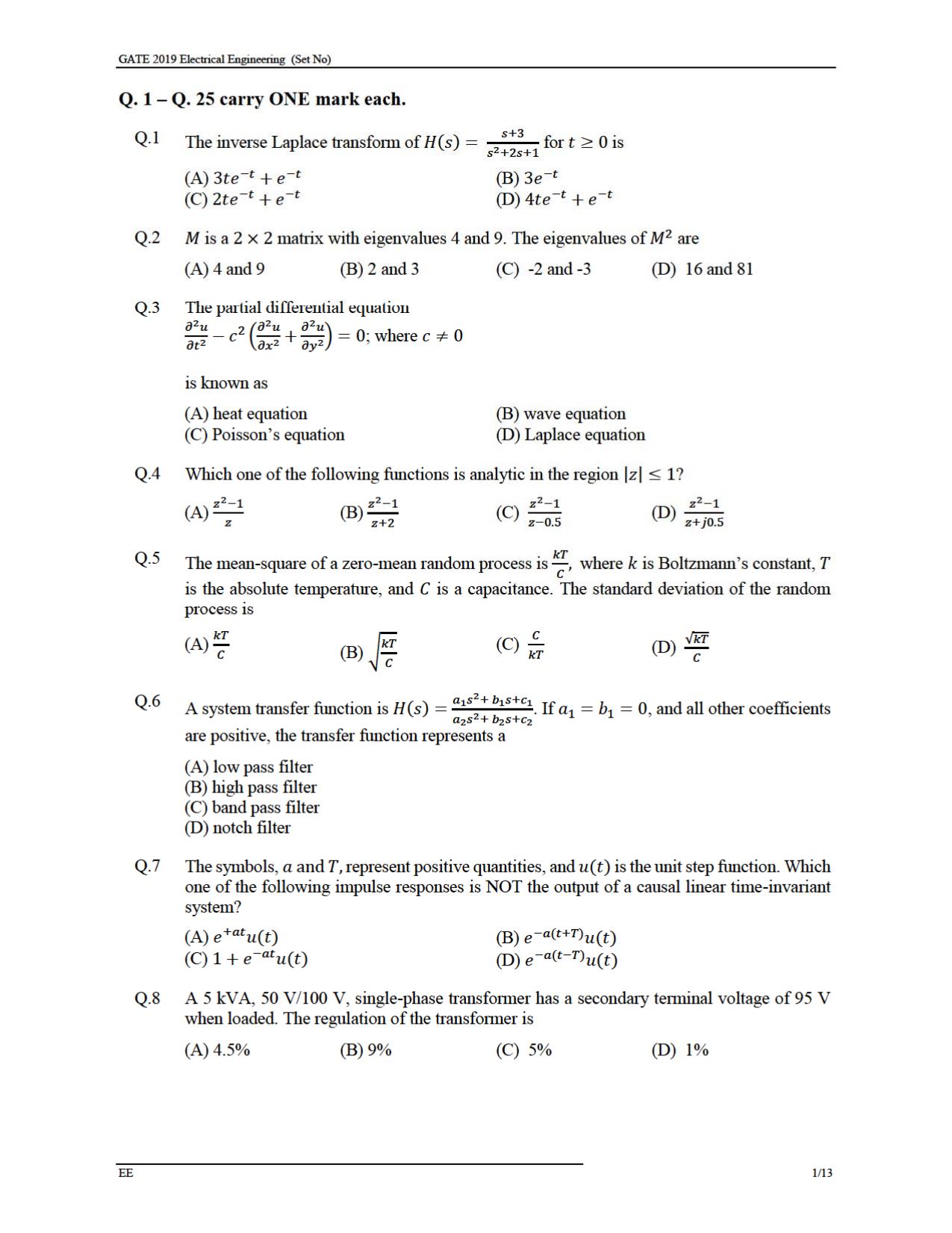 GATE 2019 Electrical Engineering (EE) Question Paper - Page 3