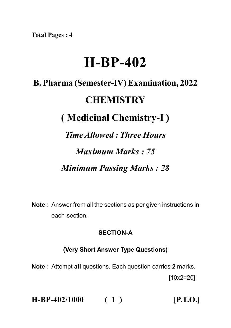 Sarguja University Question Paper July-2022 : Bachelor Of Pharmacy(Sem.-IV) Medicinal Chemistry-I Paper 1 - Page 1